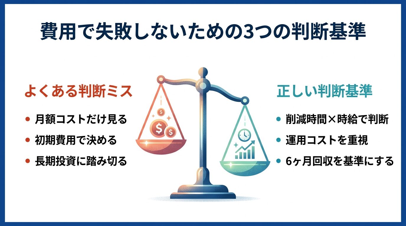 費用で失敗しないための3つの判断基準を天秤で比較した図